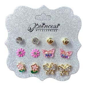 Princess Accessories Womens Butterfly Flower 6 Pairs Of Stud Earrings - NEW